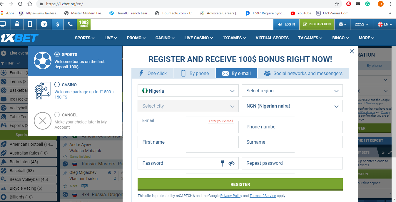 Create new account on 1xBet website