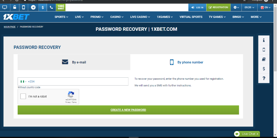 Reset Password to 1xBet User Account by phone number