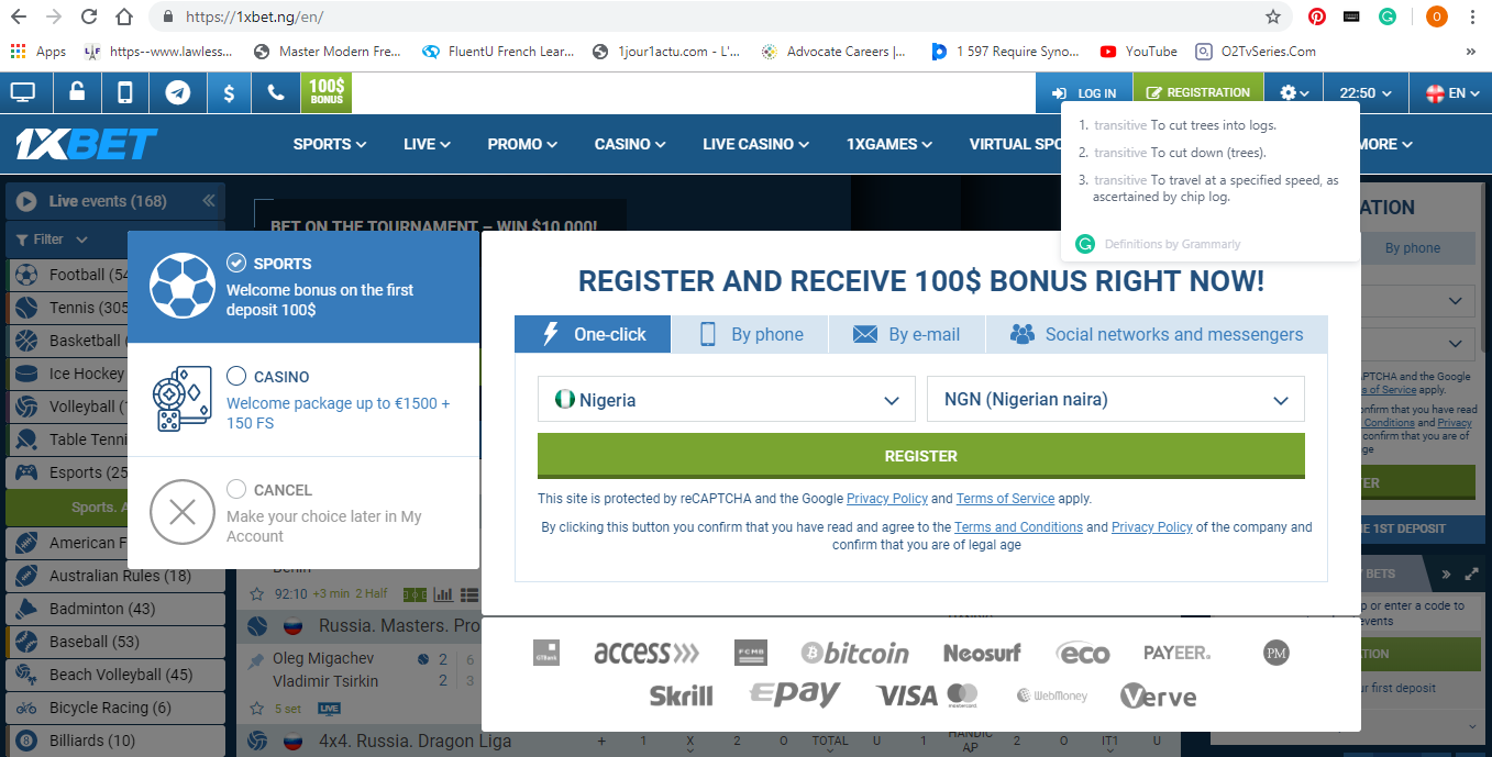 Select method of registration on 1xBet