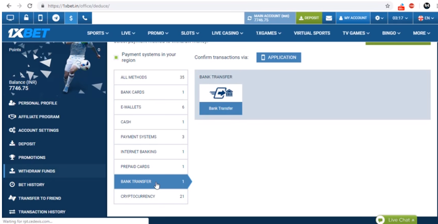 bank transfer 1xBet