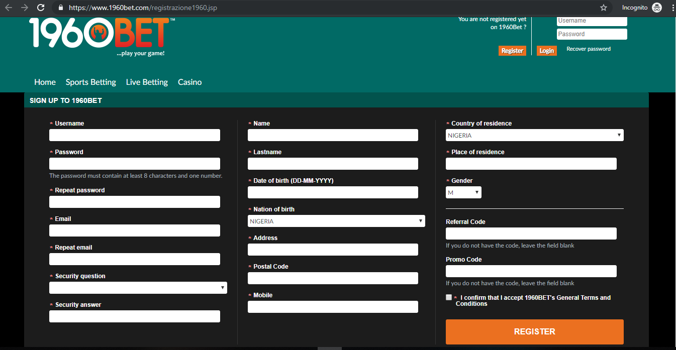 registration form on 1960Bet website