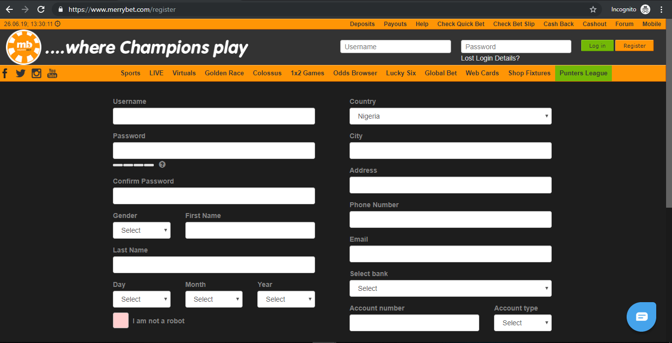 registration page Merrybet