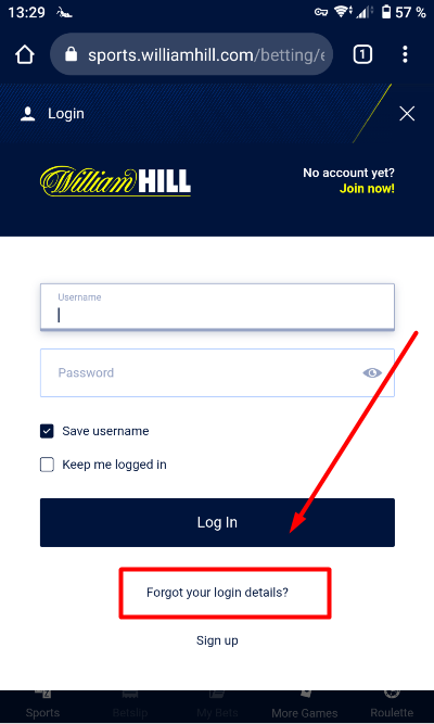 William Hill Forgot login Button