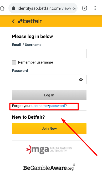 Betfair username - password button