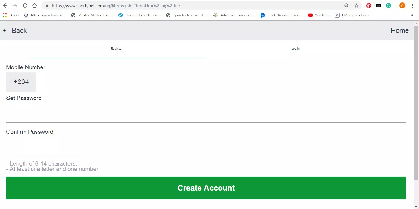 create account on SportyBet portal