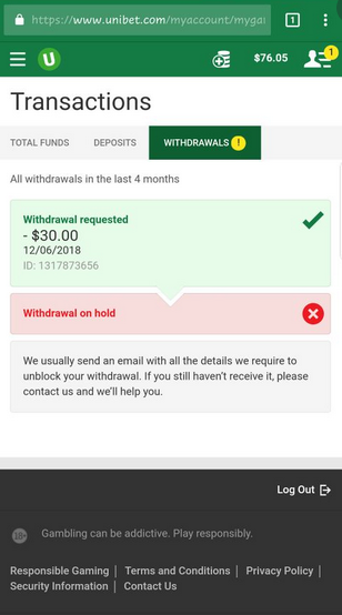 Unibet withdrawal button
