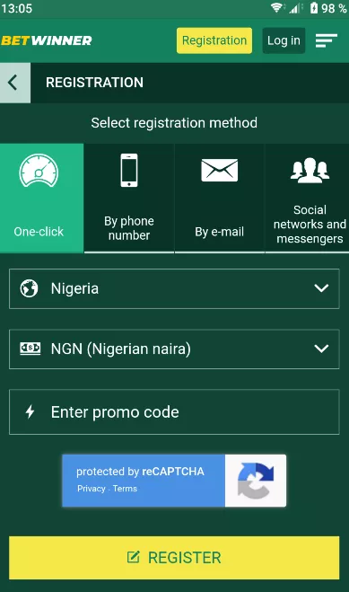 Betwinner form for registration