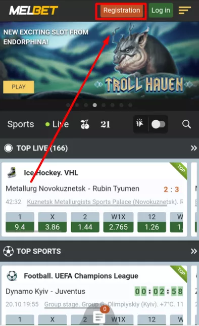 Registration button of Melbet