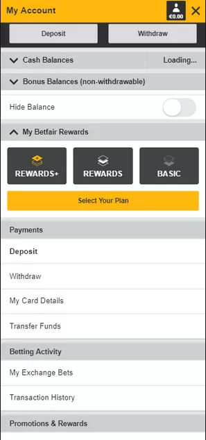 Betfair My Account Button