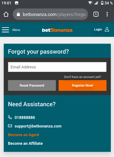 Betbonanza password reset form