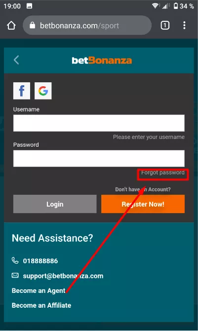 Forgot Password Button Betbonanza