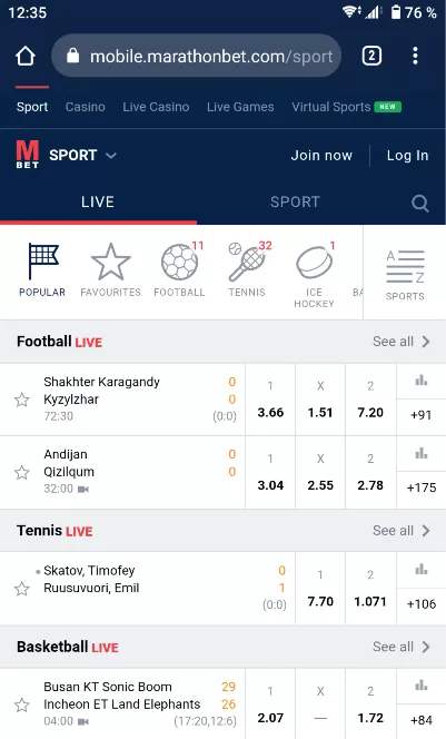 Marathon Bet main page Mobile