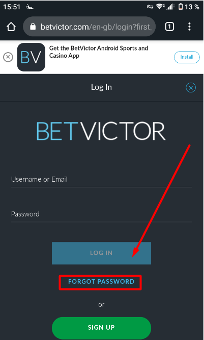 BetVictor Forgot Password Button