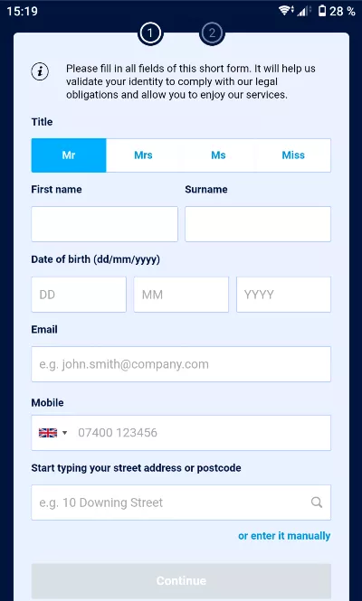 Willwam Hill registration form