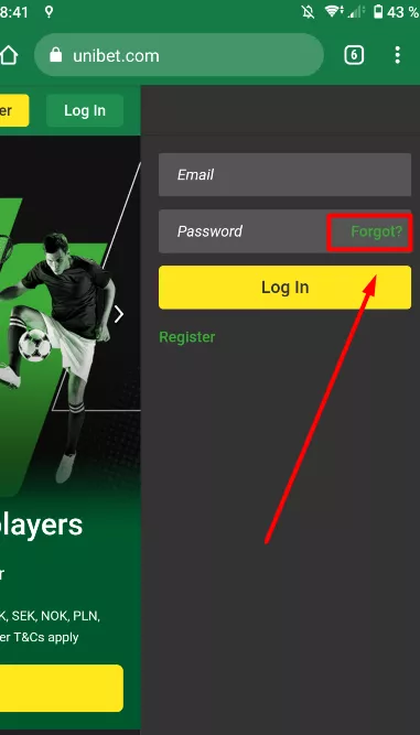 Forgot button Unibet