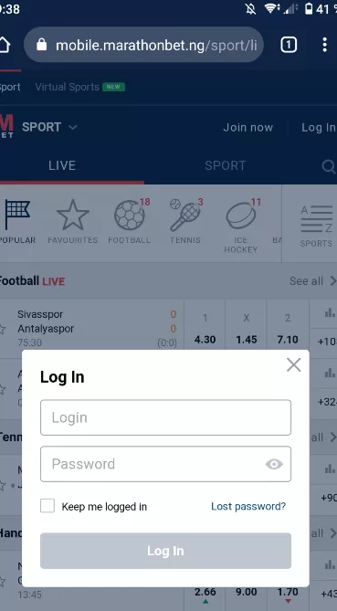 Lost Password button Marathonbet
