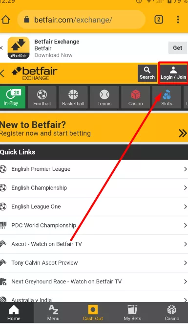 Betfair login - join button