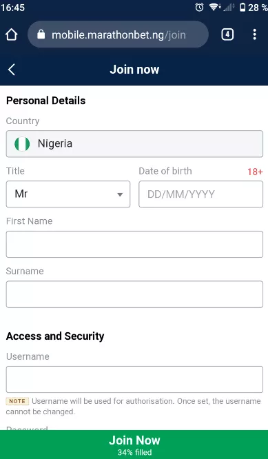 Join Now button on Marathonbet