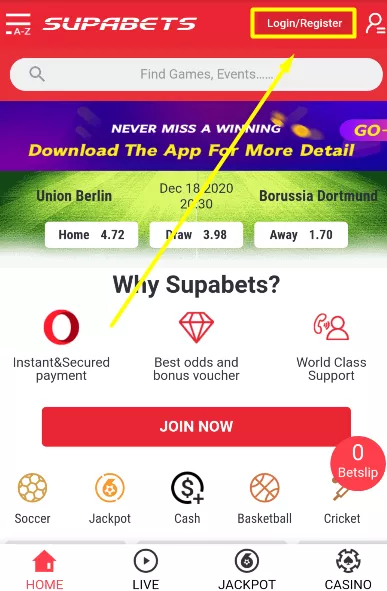 Login and register button Supabets