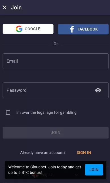 Registration form on Cloudbet