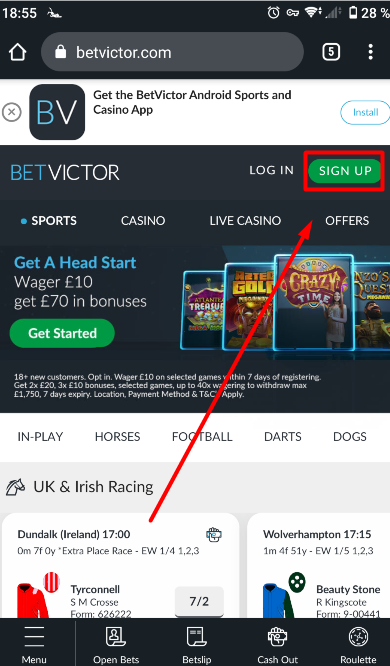 Sign Up button on betvictor