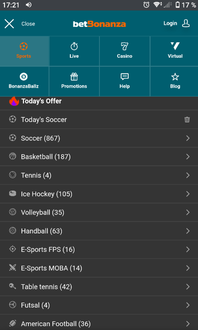 Sports catalog on Betbonanza