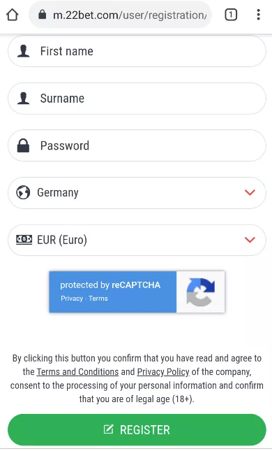 Registration button 22bet