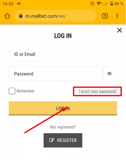 Melbet forgot password field