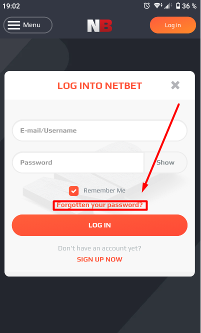NetBet Forgotten Password button