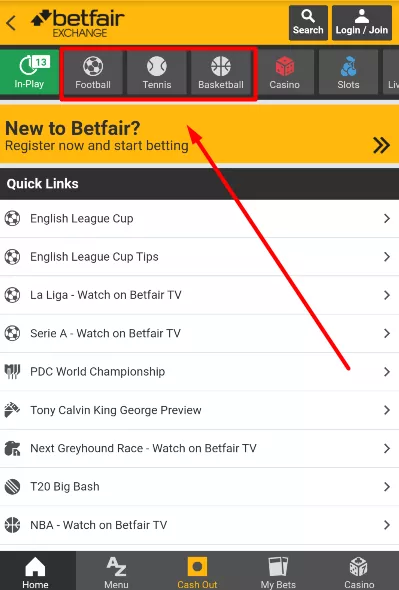 Sportbook of Betfair
