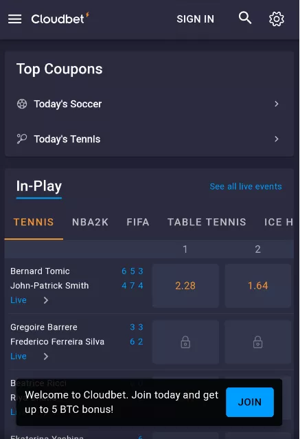 Cloudbet main mobile page