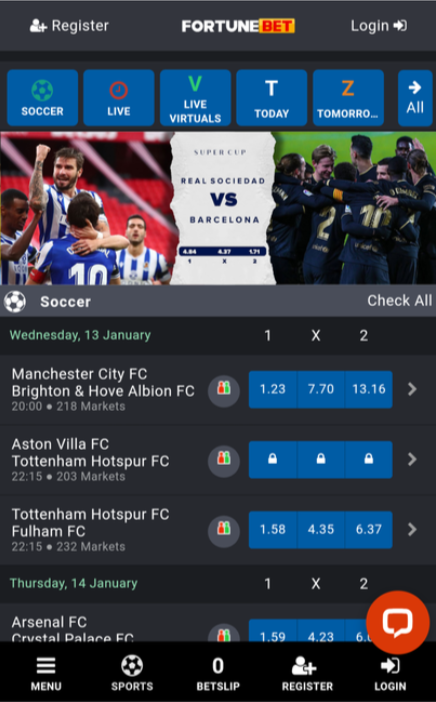FortuneBet main mobile page