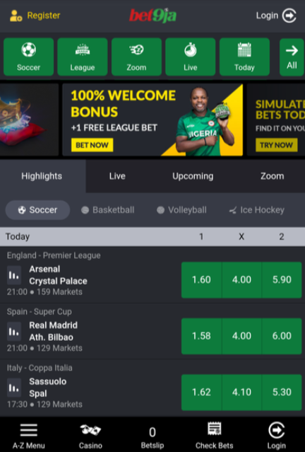 Bet9Ja main mobile page