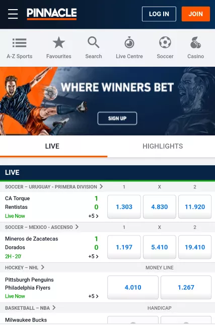 Pinnacle main mobile page