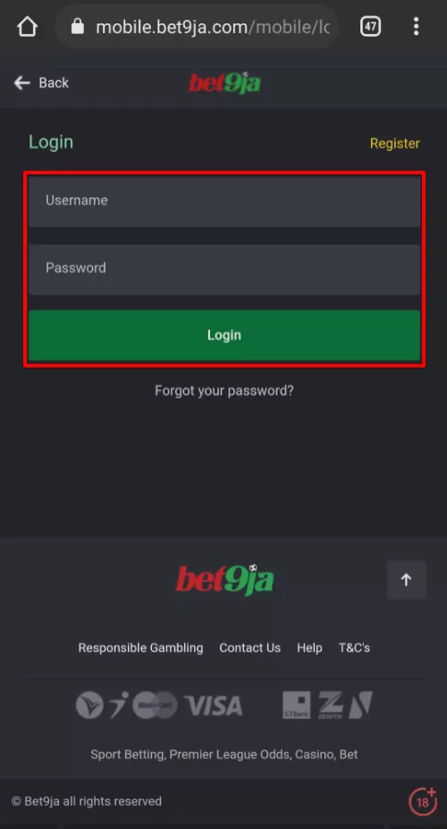 Bet9ja login form
